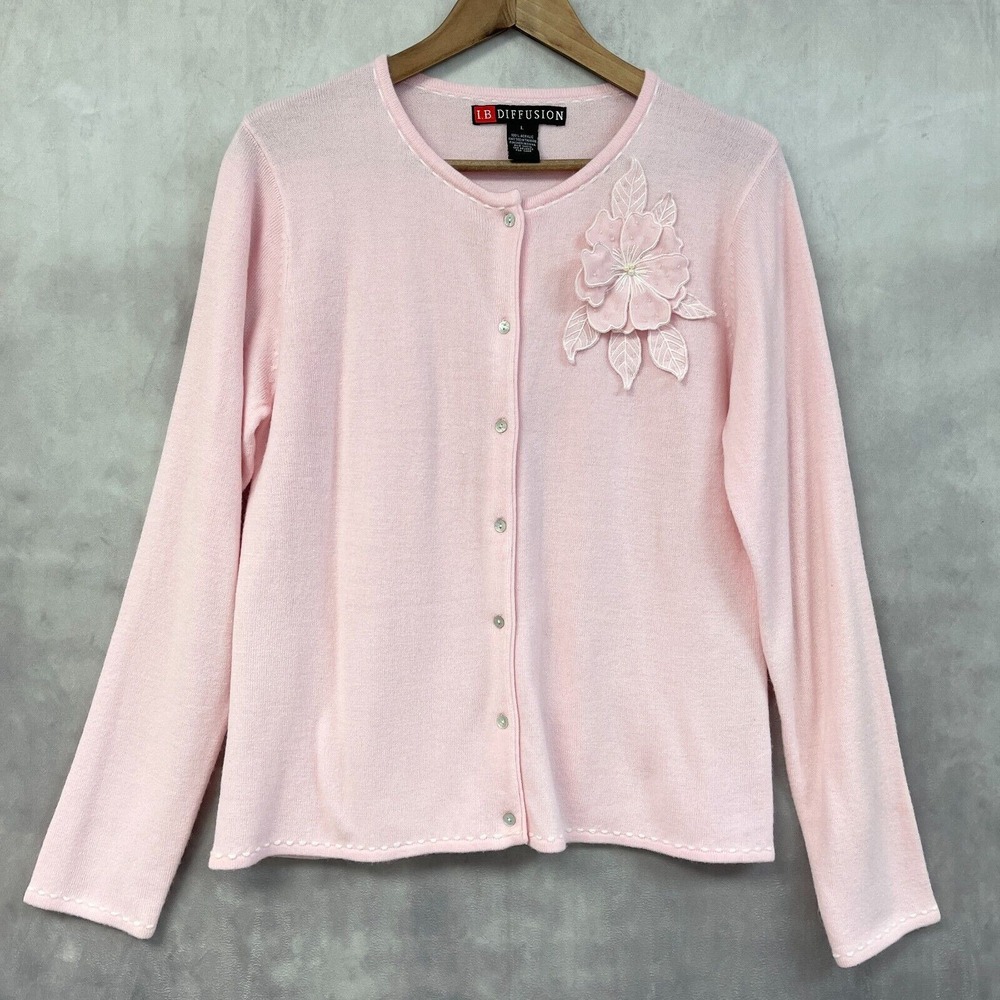 IB Diffusion Cardigan Sweater Womens Large Pink Floral Applique Soft Coquette‎